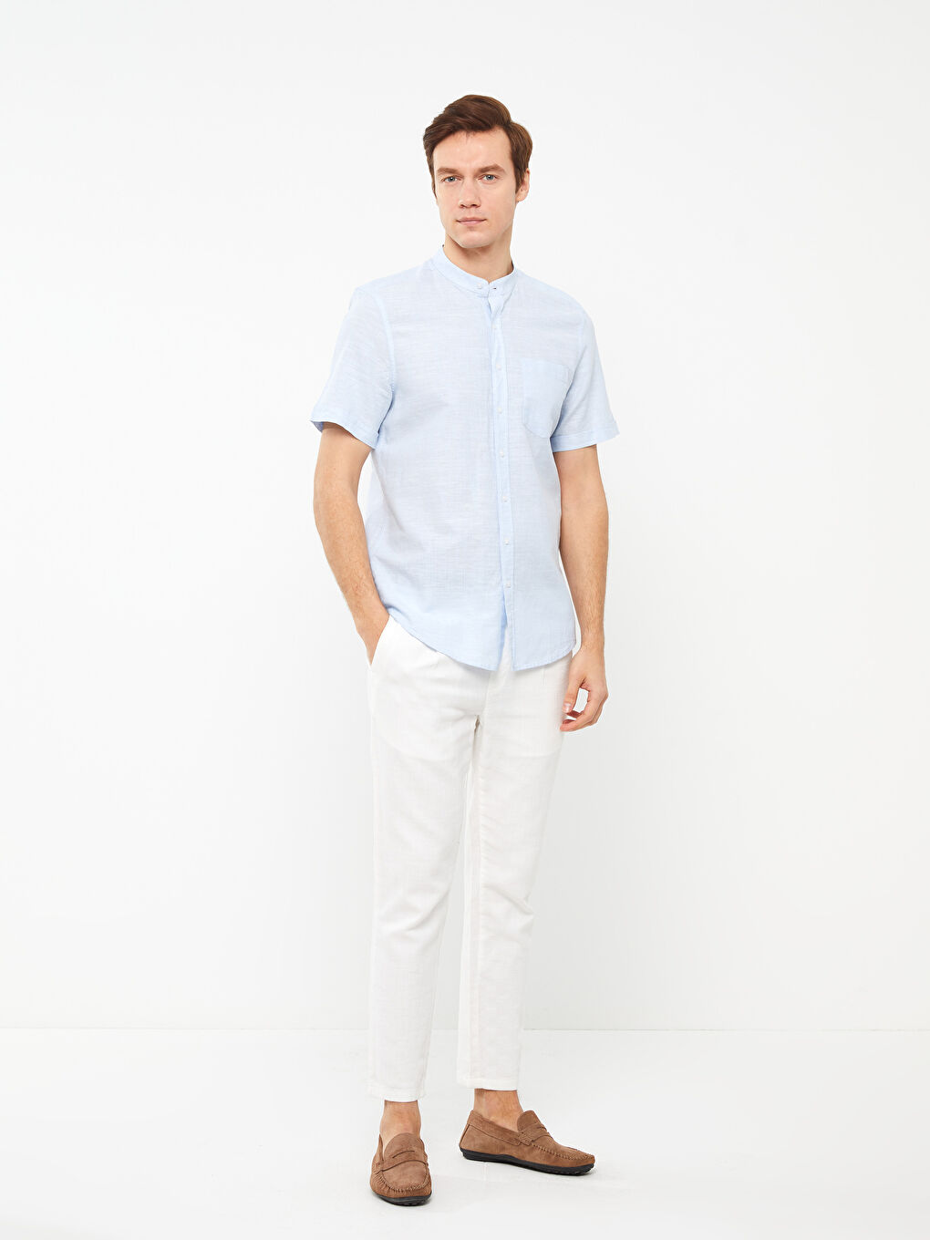 Regular Fit Grandad Collar Short Sleeve Linen Blended Men's Shirt -S33976Z8-CUN