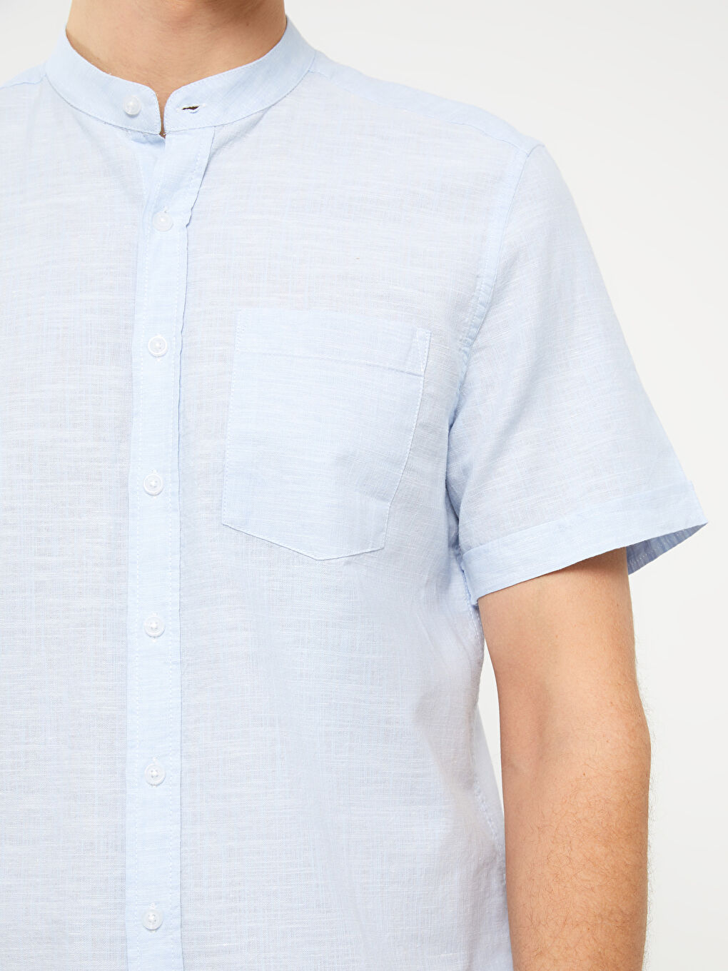 Regular Fit Grandad Collar Short Sleeve Linen Blended Men's Shirt -S33976Z8-CUN