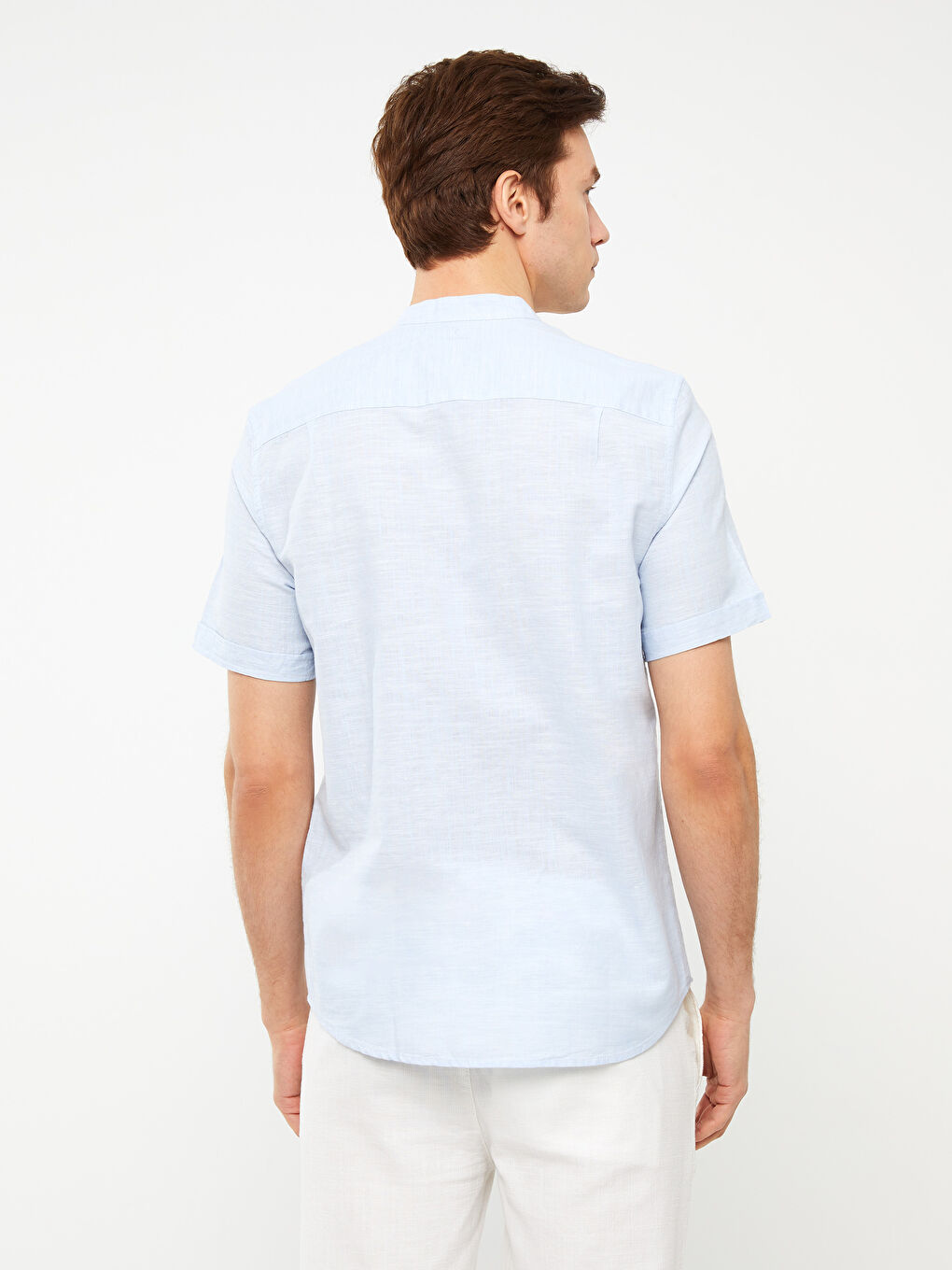 Regular Fit Grandad Collar Short Sleeve Linen Blended Men's Shirt -S33976Z8-CUN