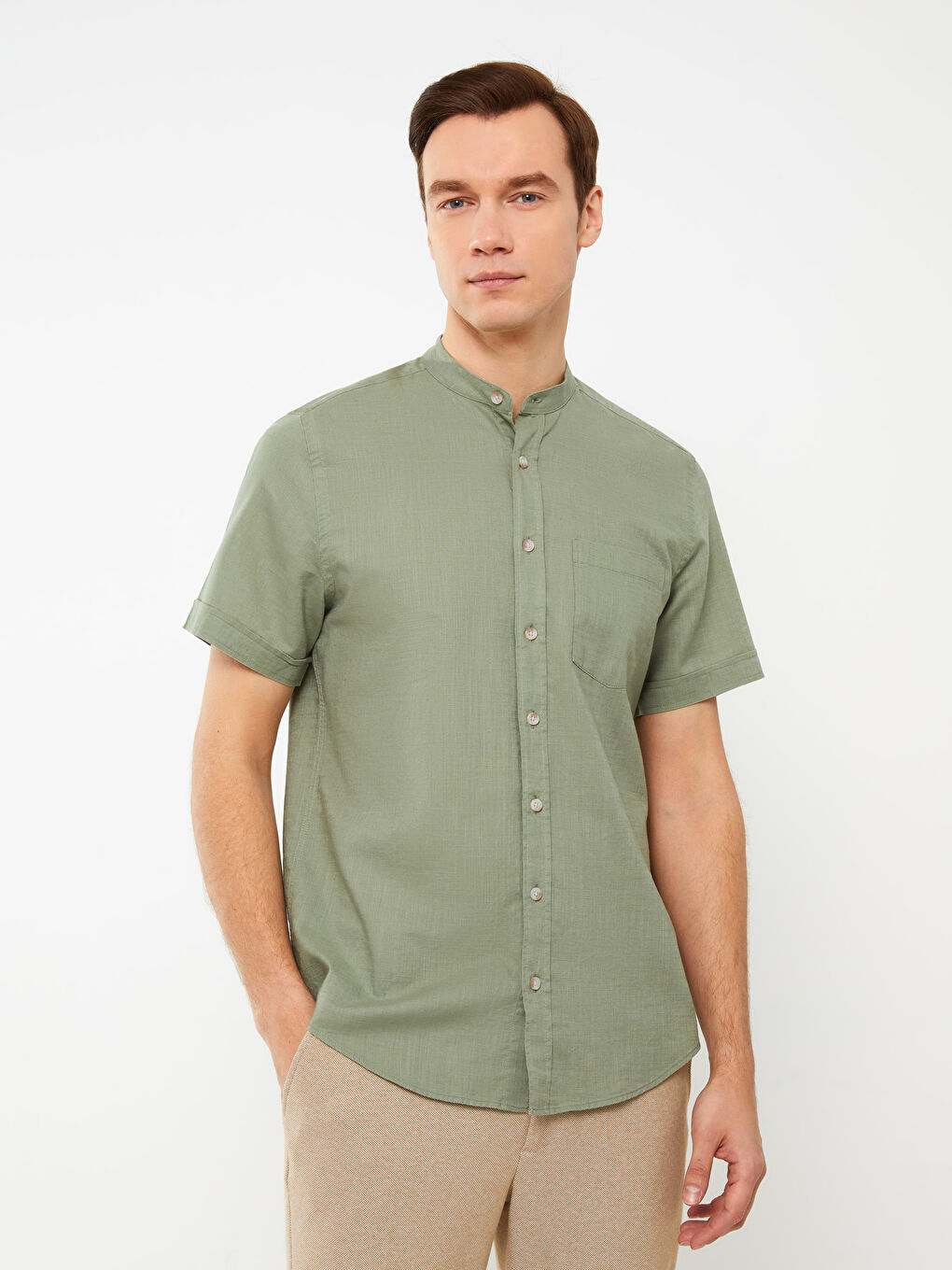 Regular Fit Mandarin Collar Short Sleeve Linen Blend Men's Shirt-1