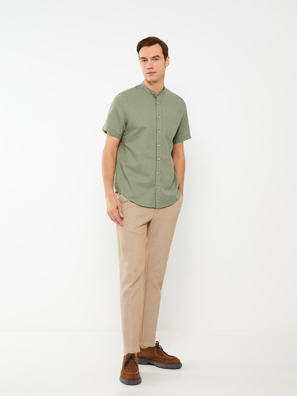 Regular Fit Mandarin Collar Short Sleeve Linen Blend Men's Shirt-2