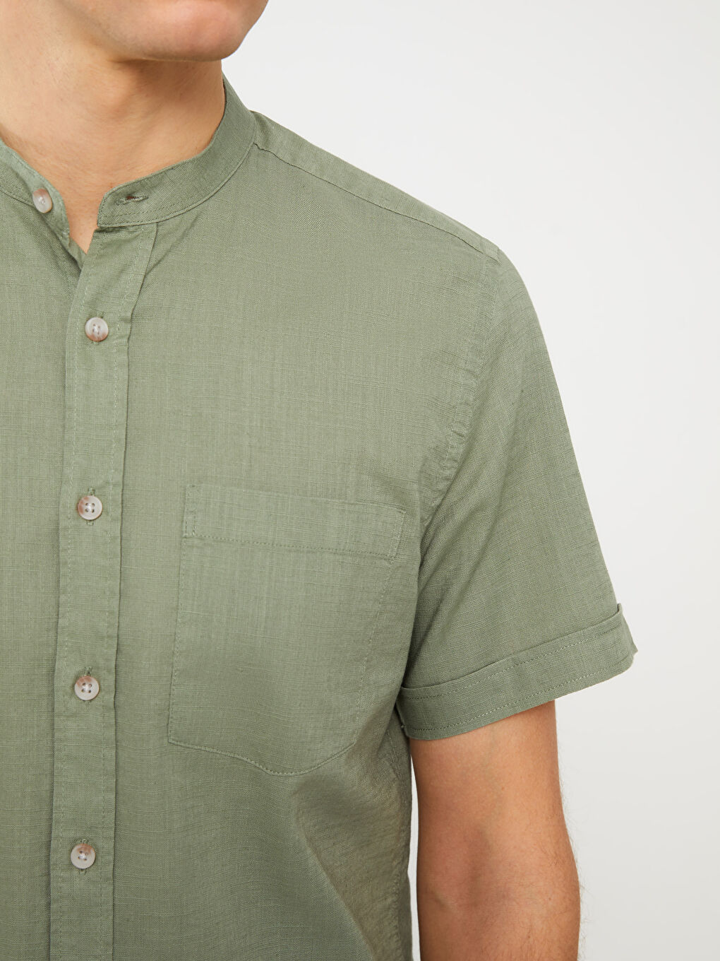 Regular Fit Mandarin Collar Short Sleeve Linen Blend Men's Shirt-3