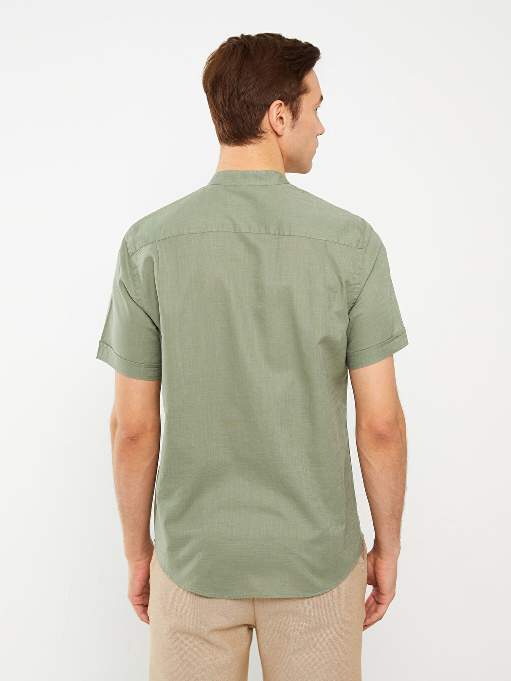 Regular Fit Mandarin Collar Short Sleeve Linen Blend Men's Shirt-4