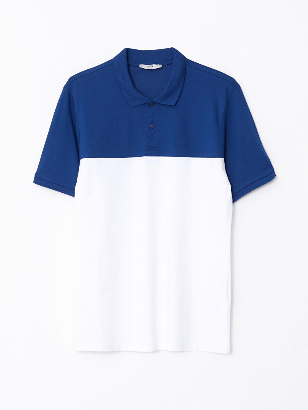 Mavi Polo Yaka Kısa Kollu Renk Bloklu Pike Erkek Tişört-5