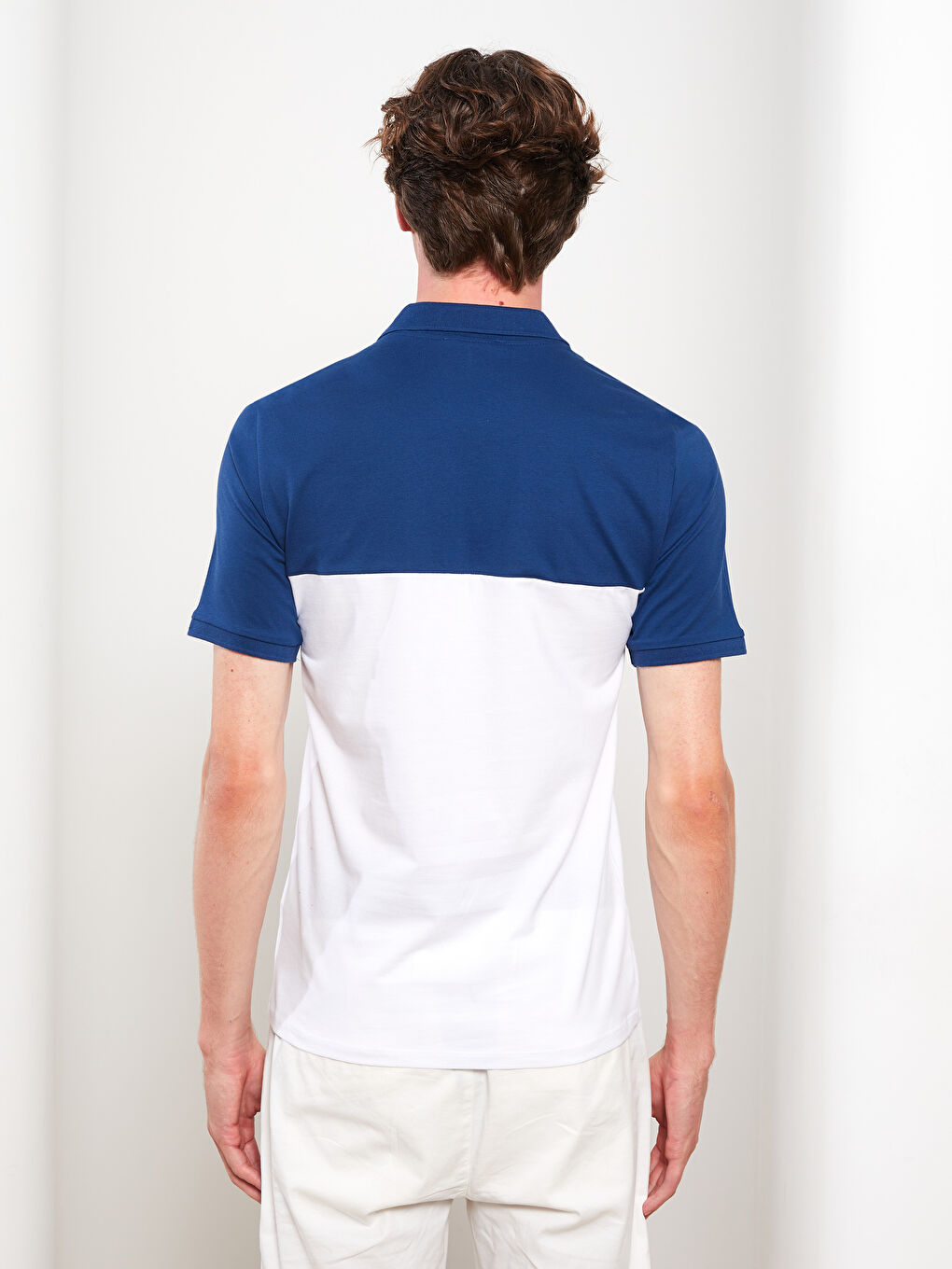 Mavi Polo Yaka Kısa Kollu Renk Bloklu Pike Erkek Tişört-1