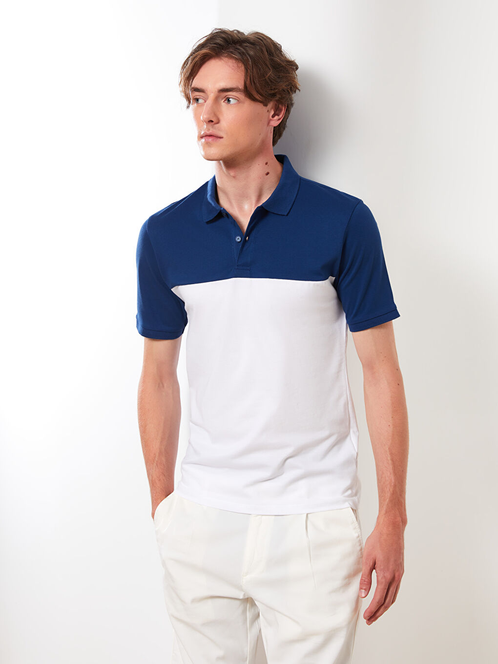 Mavi Polo Yaka Kısa Kollu Renk Bloklu Pike Erkek Tişört