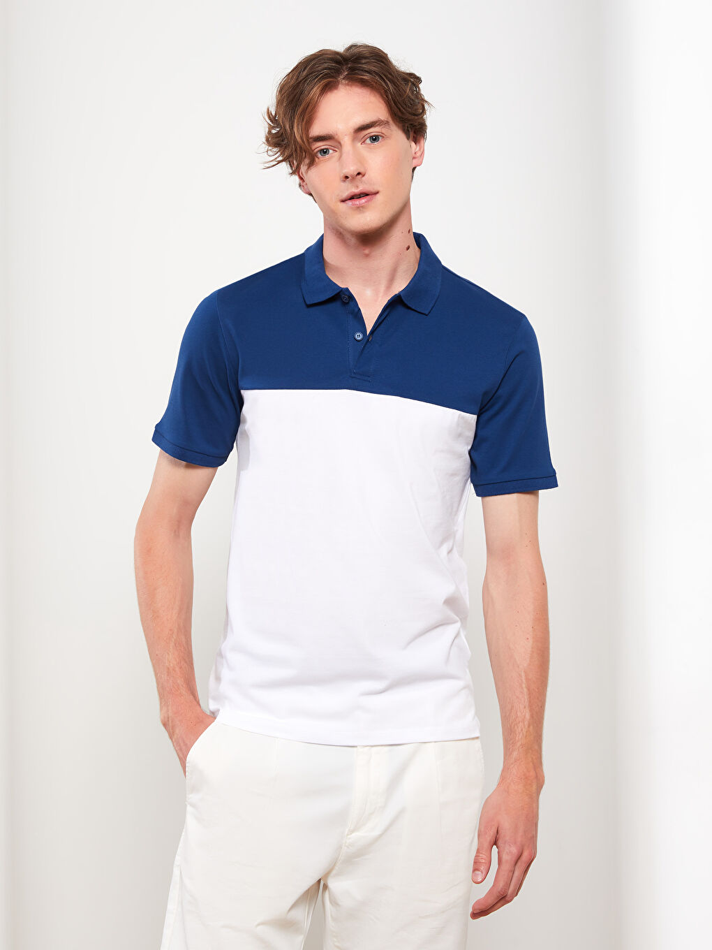 Mavi Polo Yaka Kısa Kollu Renk Bloklu Pike Erkek Tişört-2