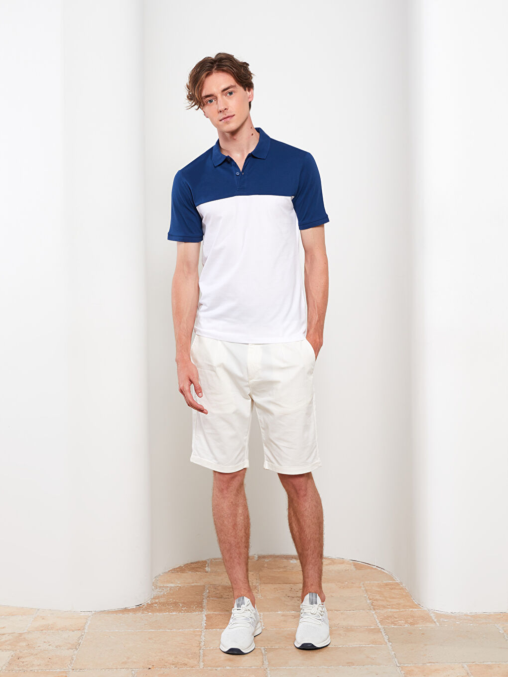 Mavi Polo Yaka Kısa Kollu Renk Bloklu Pike Erkek Tişört-3