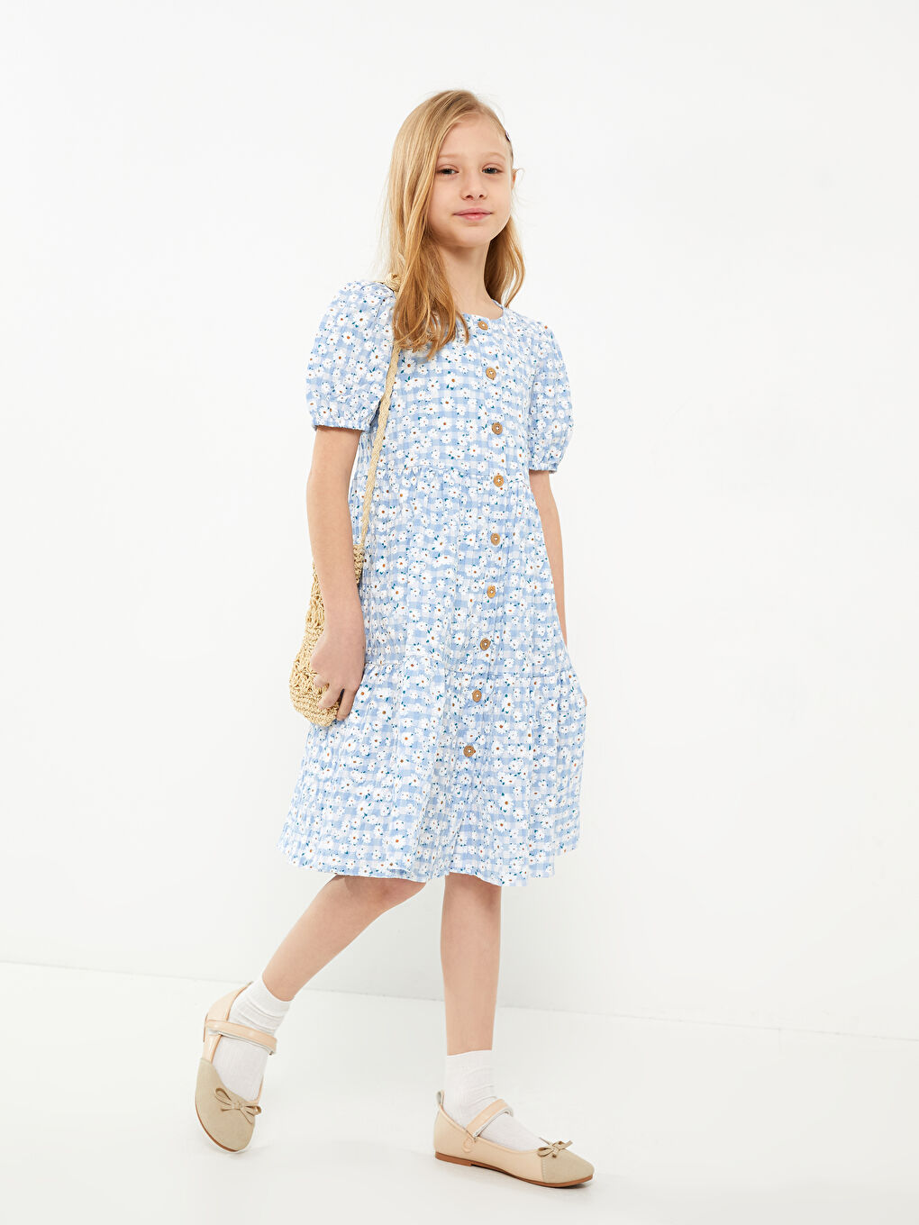 Rochie cu Guler Rotund, Cu Model, Mânecă Scurtă, pentru Fete