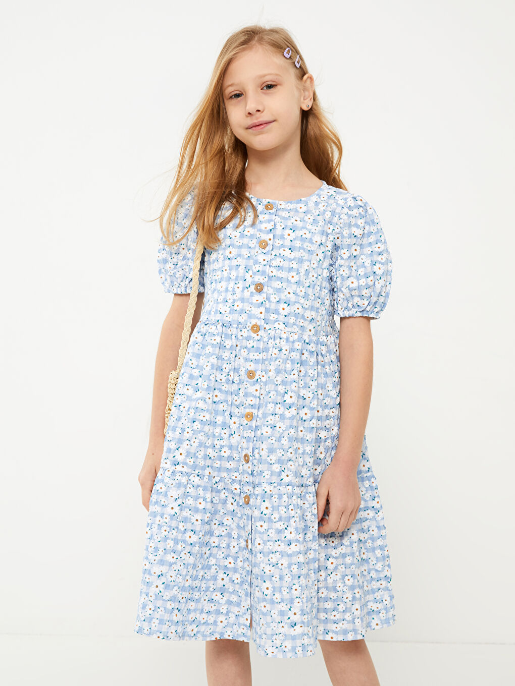 Rochie cu Guler Rotund, Cu Model, Mânecă Scurtă, pentru Fete-1