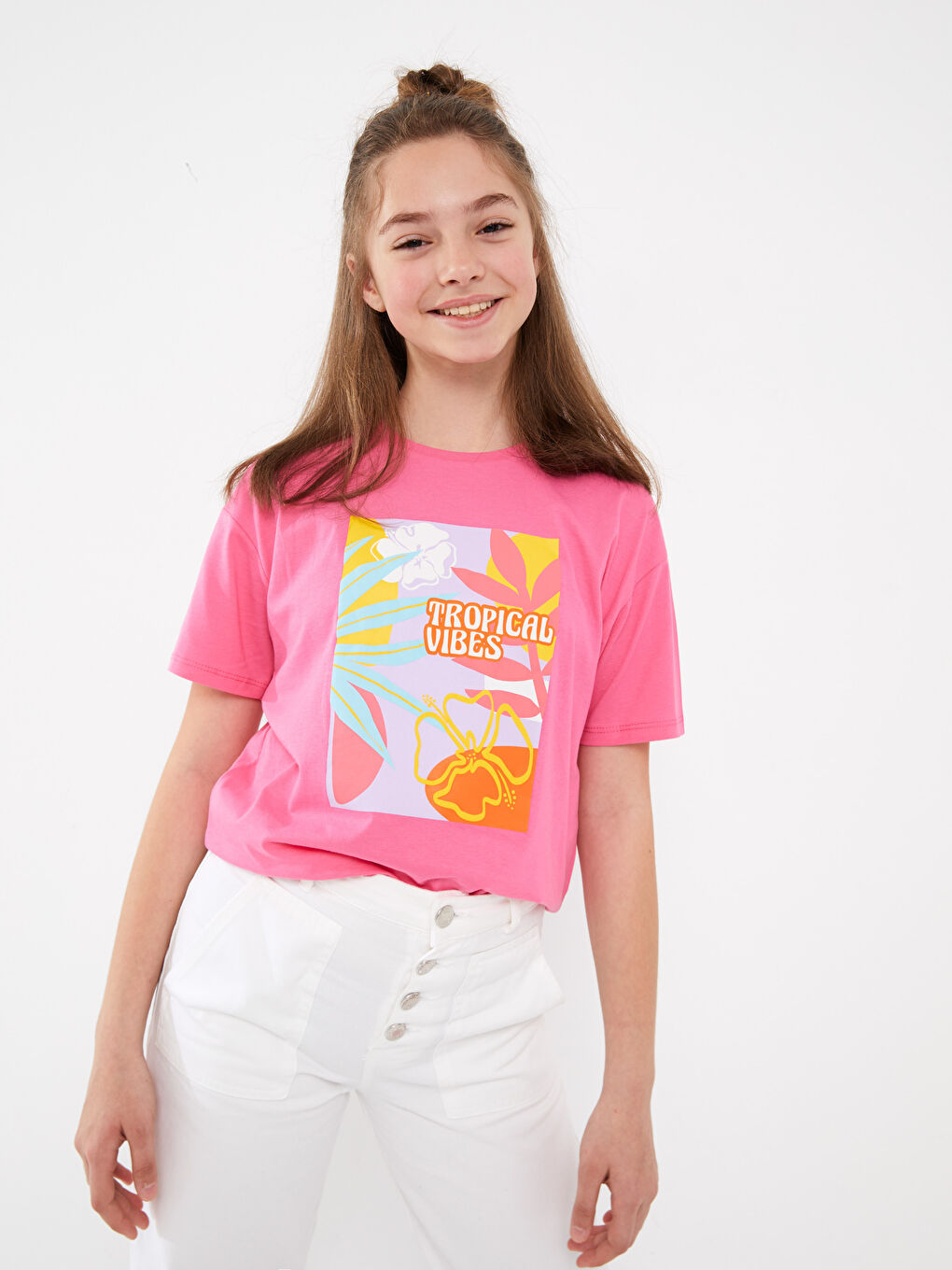 Pembe Bisiklet Yaka Kısa Kollu Baskılı Kız Çocuk Tişört-1