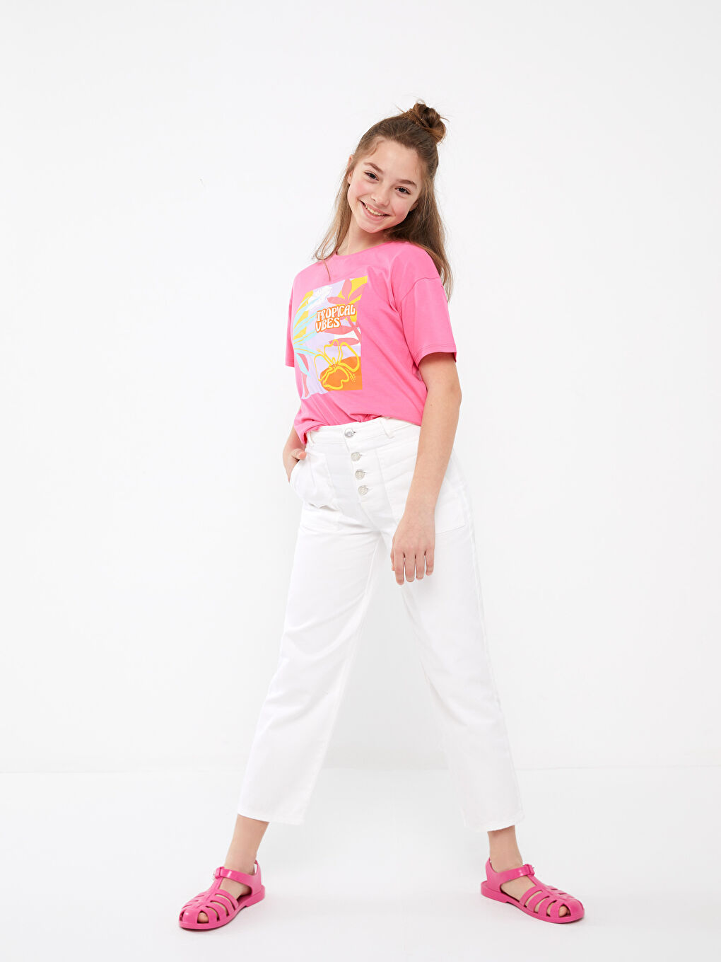 Pembe Bisiklet Yaka Kısa Kollu Baskılı Kız Çocuk Tişört-2