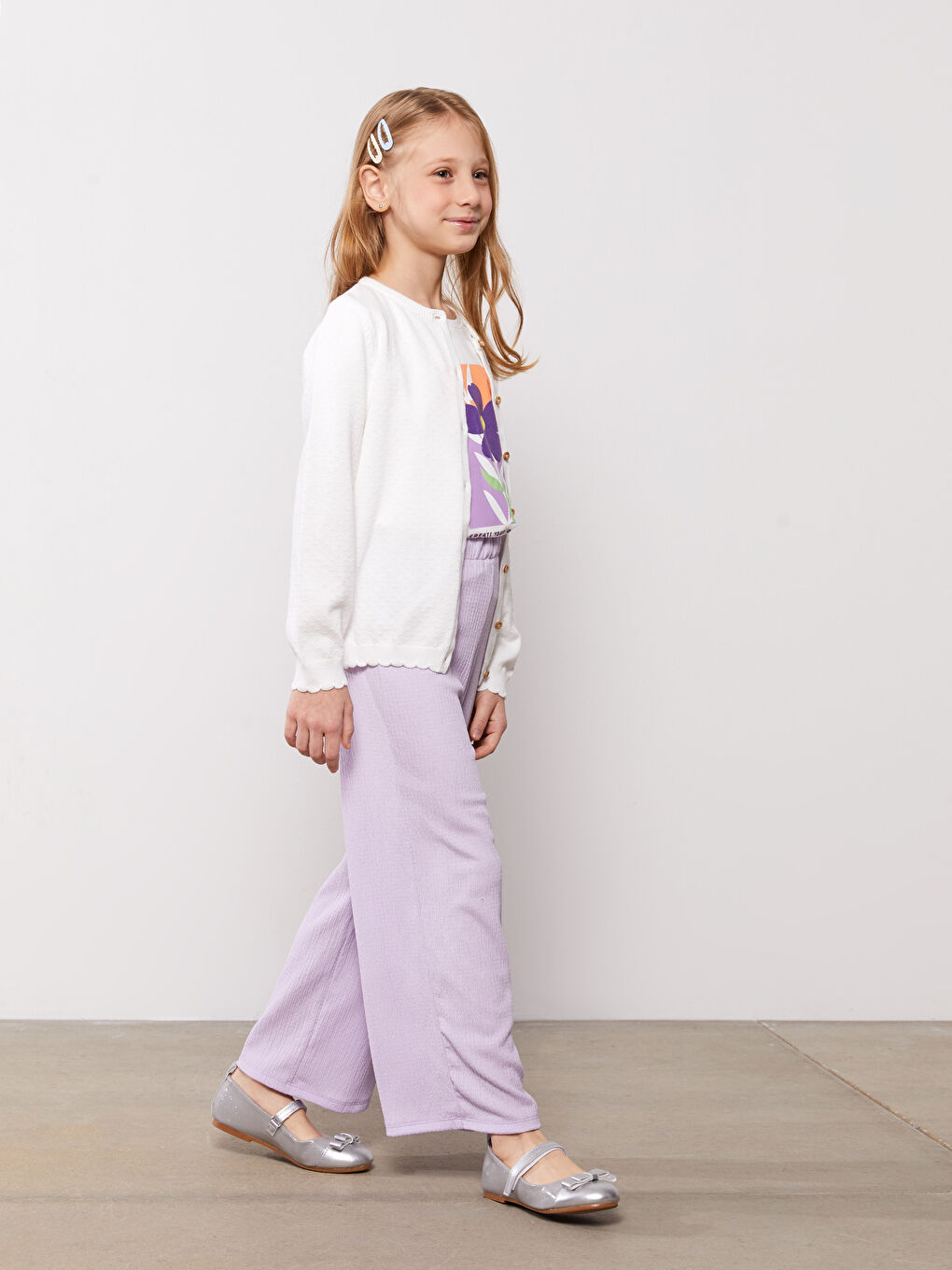 بنطلون بنات بخصر مطاطي واسع من الأسفل سادة-1