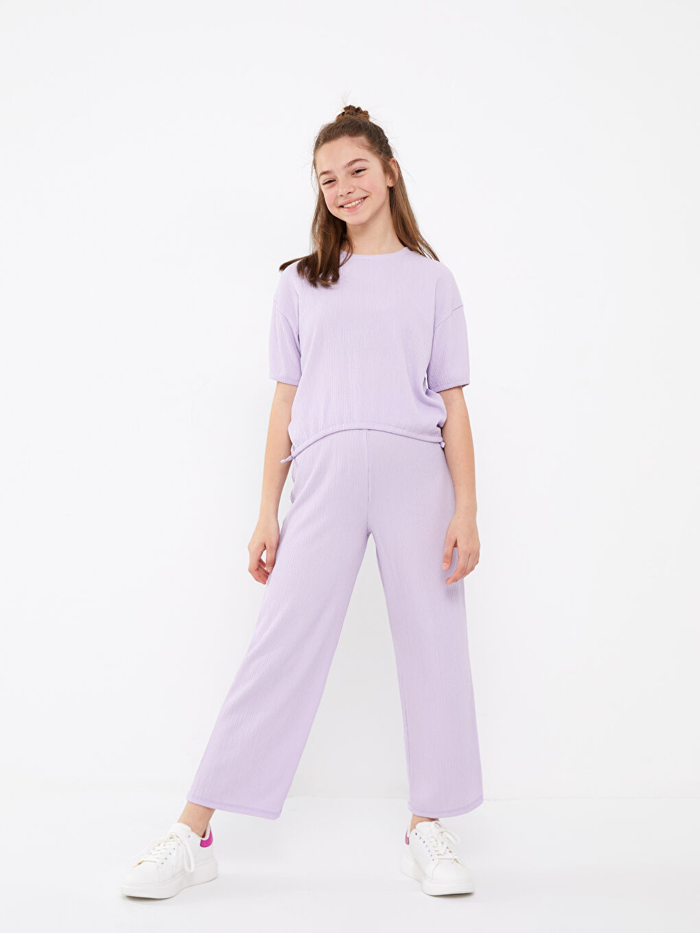 بنطلون بنات بخصر مطاطي واسع من الأسفل سادة