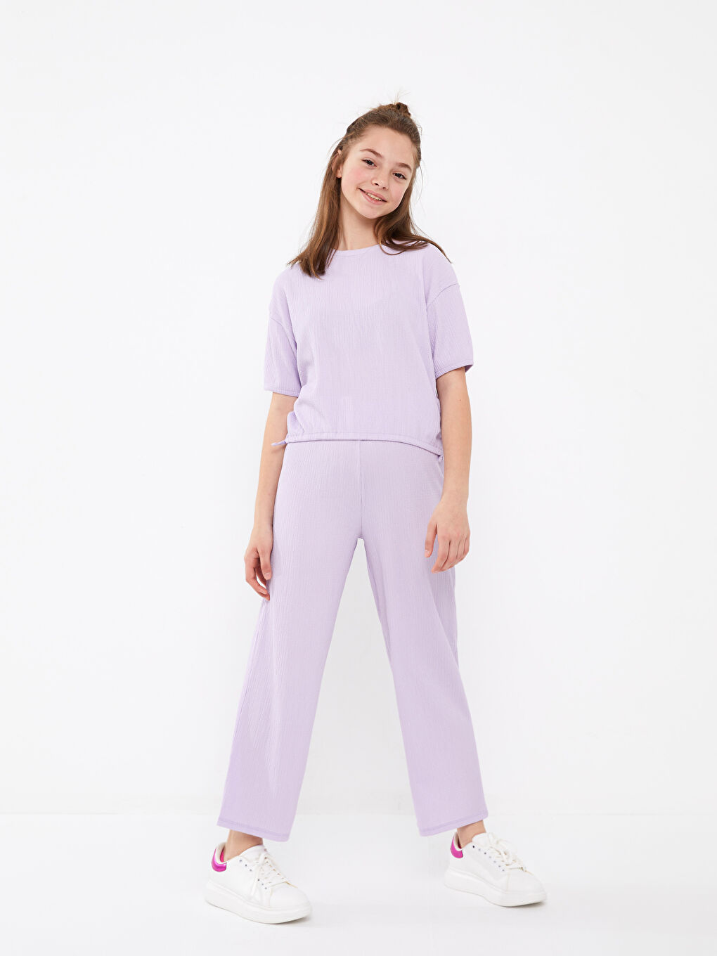 بنطلون بنات بخصر مطاطي واسع من الأسفل سادة-2