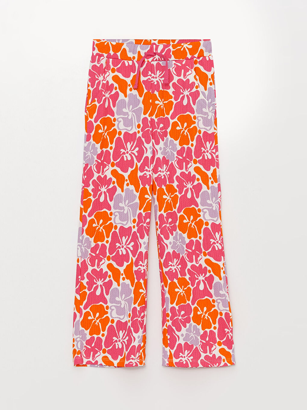 Beyaz Beli Lastikli Desenli Geniş Paça Kız Çocuk Pantolon-2