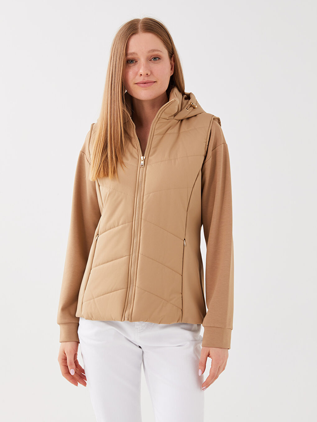 Bej Kadın Kapüşonlu Düz Şişme Yelek