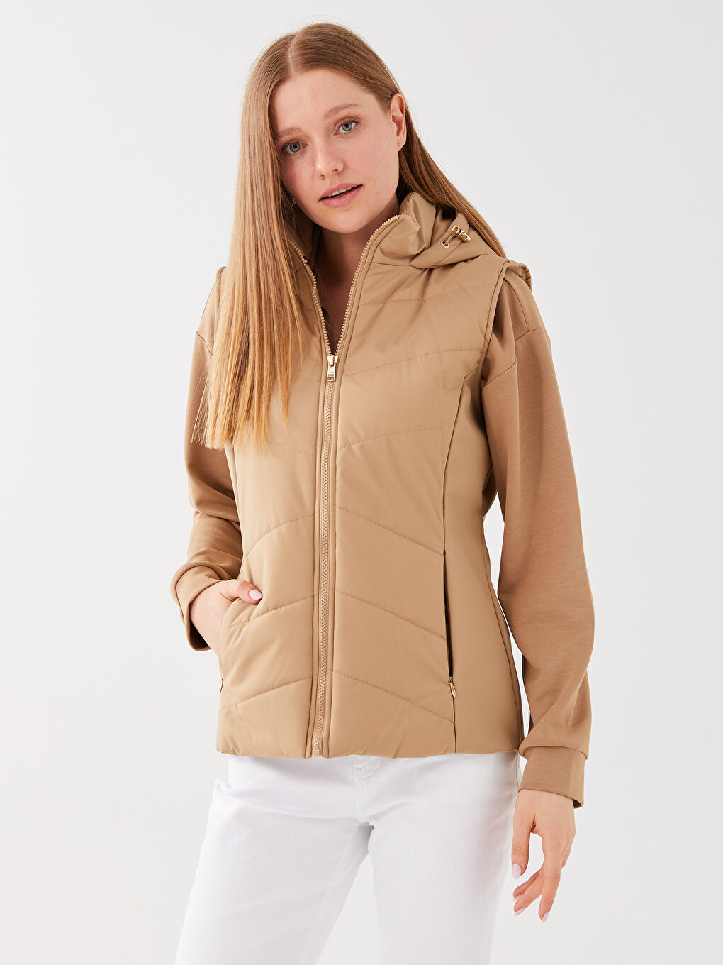 Bej Kadın Kapüşonlu Düz Şişme Yelek-1