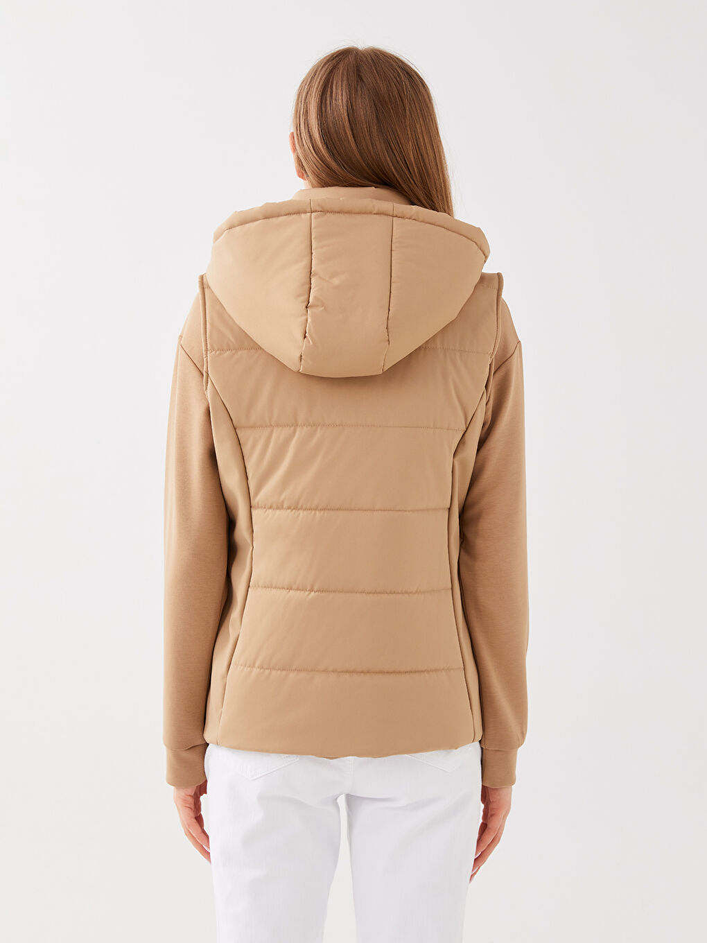 Bej Kadın Kapüşonlu Düz Şişme Yelek-5
