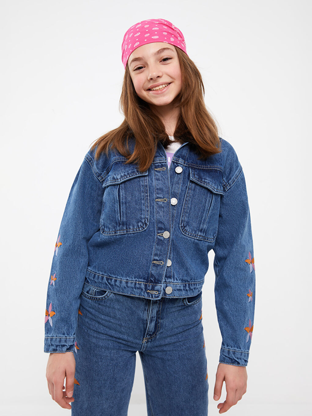 Collared Neck Embroidered Girls' Denim Jacket-4