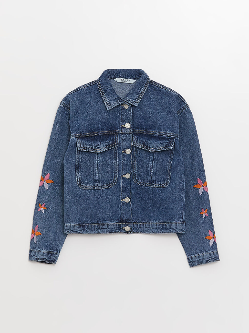 Collared Neck Embroidered Girls' Denim Jacket-5