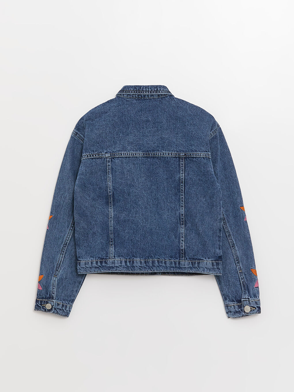 Collared Neck Embroidered Girls' Denim Jacket-6