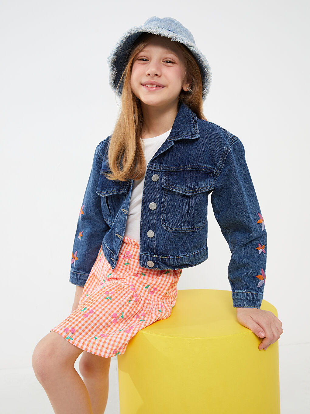 Collared Neck Embroidered Girls' Denim Jacket-1