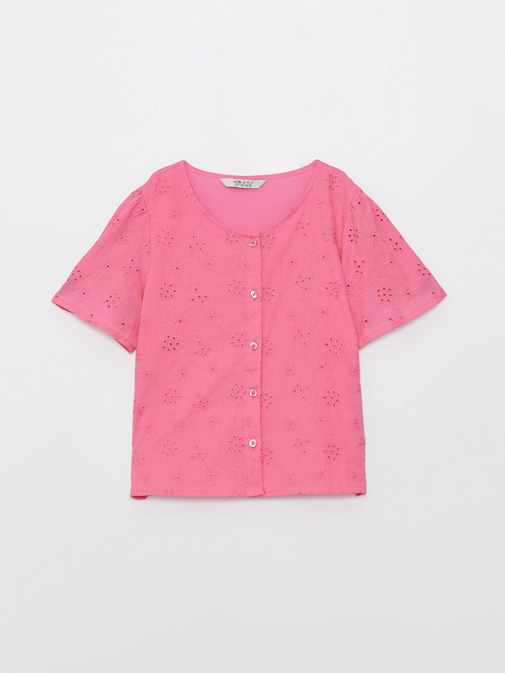 Chemise pour Filles à Col Rond avec Détails en Broderie et Manches Courtes