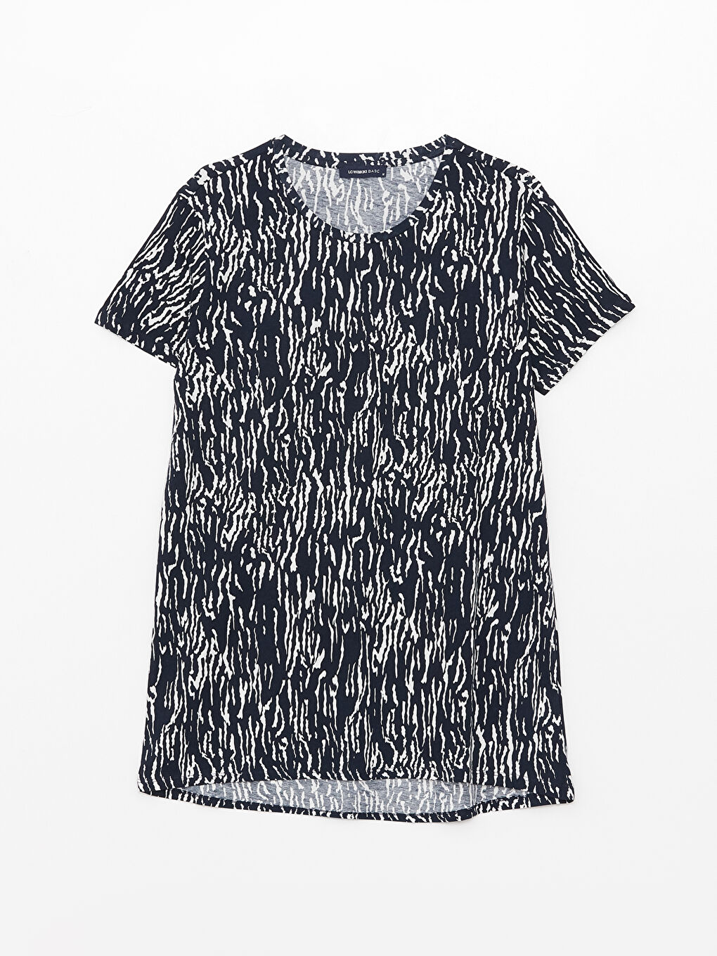 Lacivert Bisiklet Yaka Desenli Kısa Kollu Kadın Tişört-5