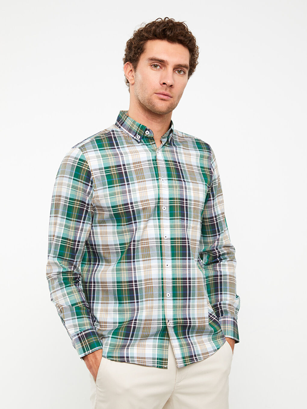 Regular Fit Long Sleeve Plaid Men's Shirt-1