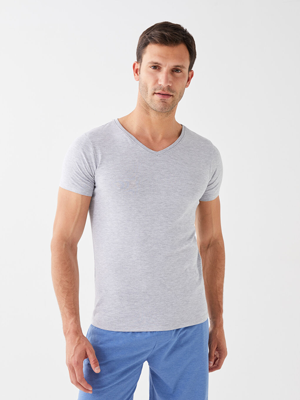 Gri V Yaka Kısa Kollu Pamuklu Erkek Atlet