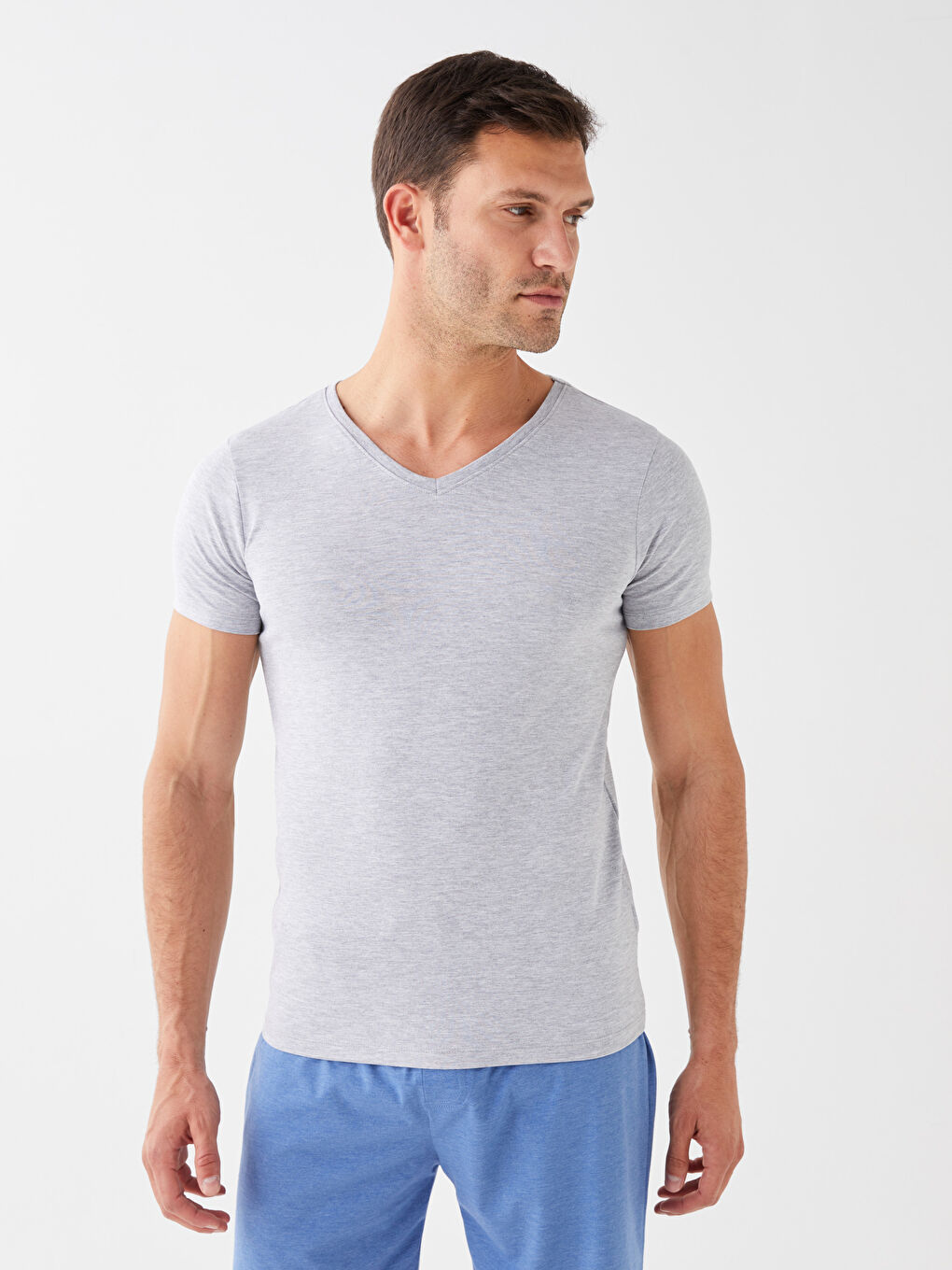 Gri V Yaka Kısa Kollu Pamuklu Erkek Atlet-1