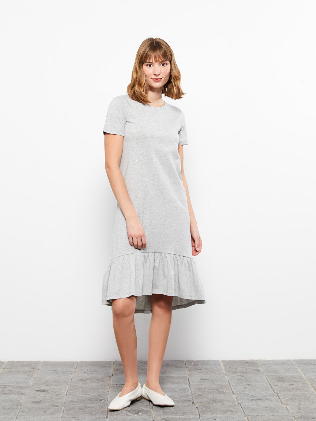 Rochie Simplă cu Mânecă Scurtă și Guler Rotund pentru Femei-1