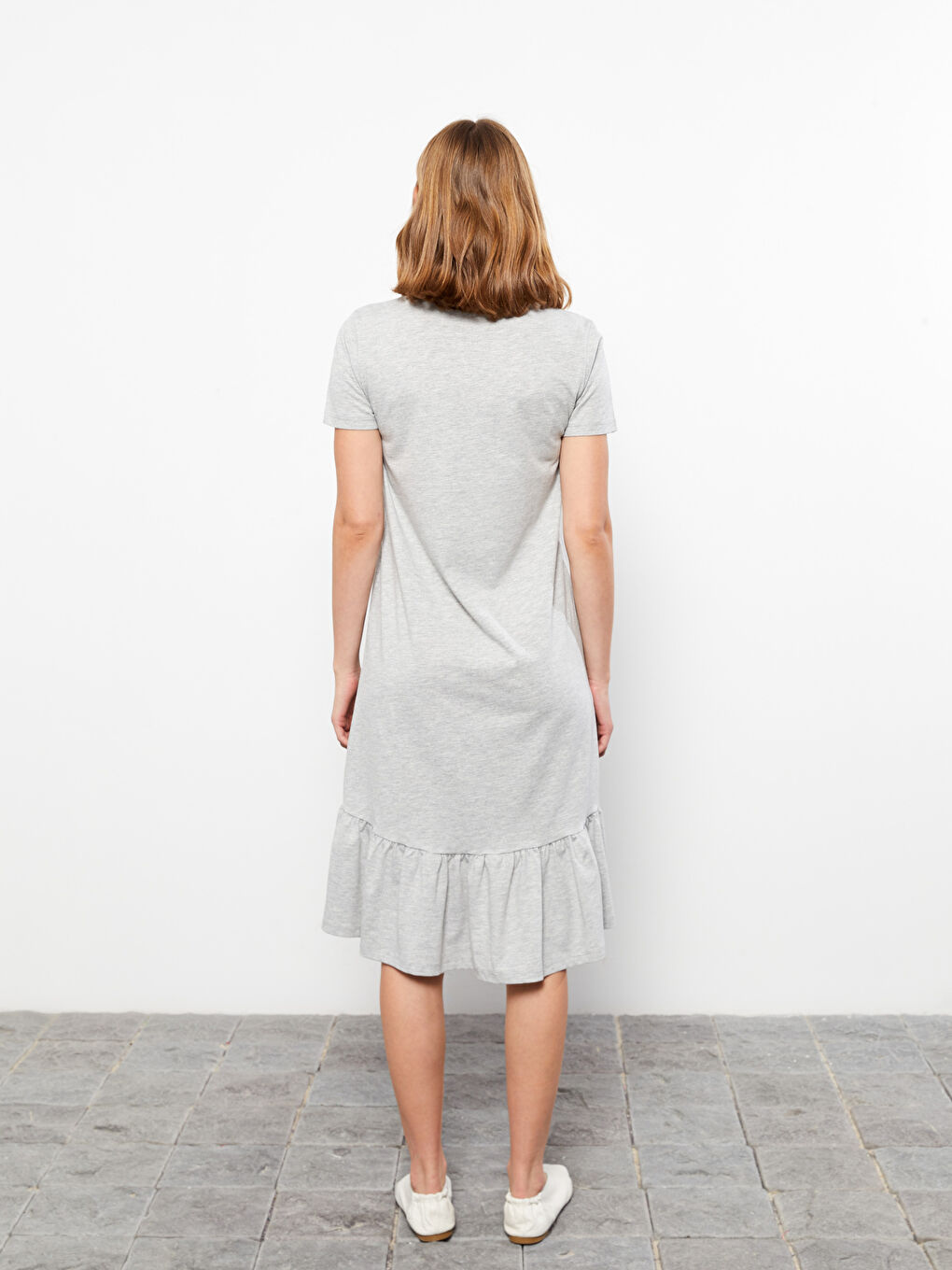 Rochie Simplă cu Mânecă Scurtă și Guler Rotund pentru Femei-4