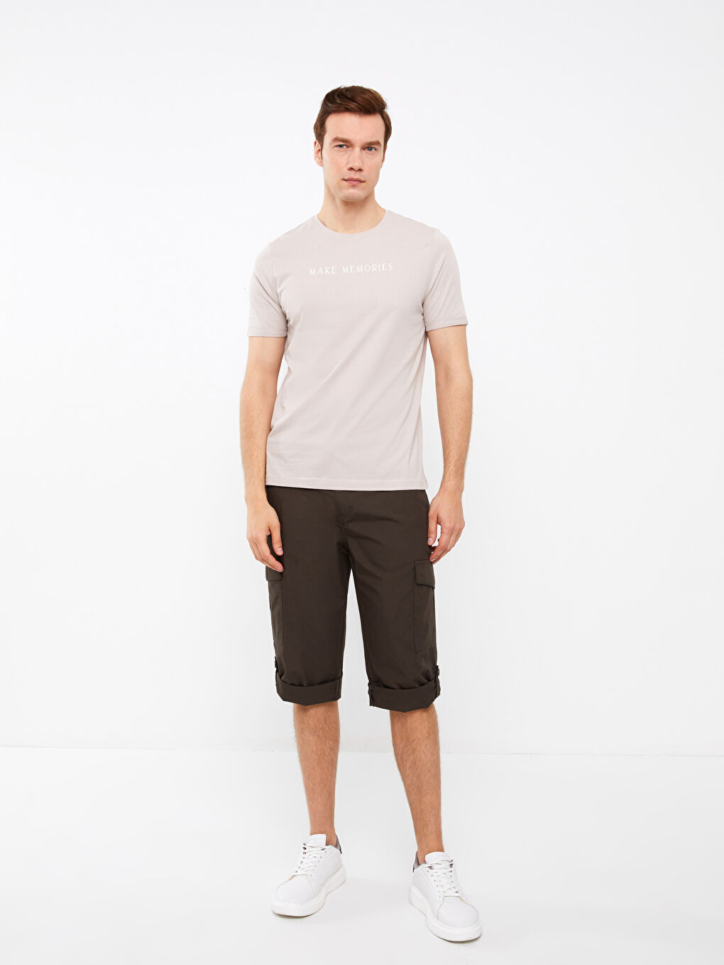 Bej Bisiklet Yaka Kısa Kollu Baskılı Penye Erkek Tişört-2