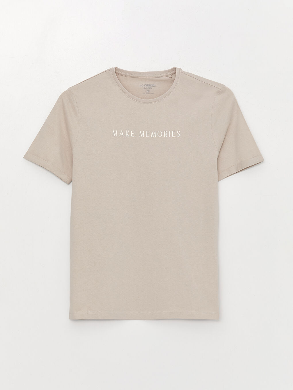 Bej Bisiklet Yaka Kısa Kollu Baskılı Penye Erkek Tişört-5