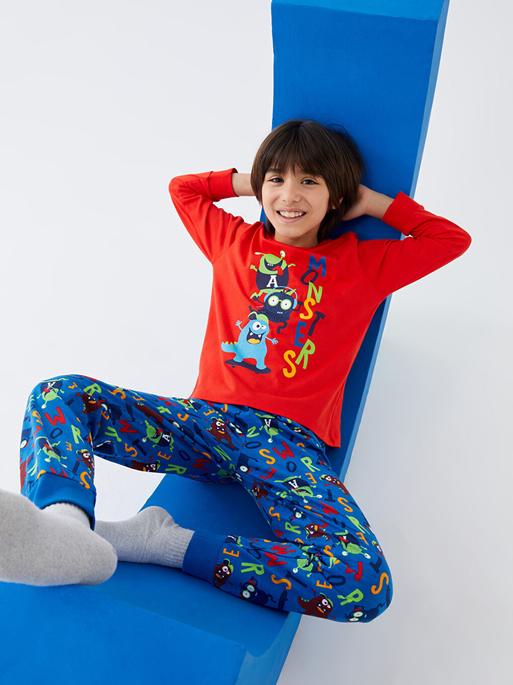 Mavi Bisiklet Yaka Baskılı Uzun Kollu Erkek Çocuk Pijama Takımı