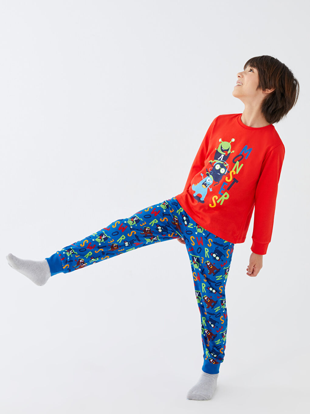 Mavi Bisiklet Yaka Baskılı Uzun Kollu Erkek Çocuk Pijama Takımı-1