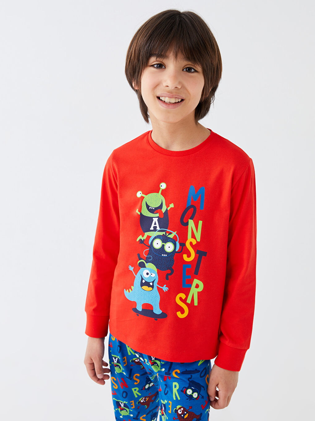 Mavi Bisiklet Yaka Baskılı Uzun Kollu Erkek Çocuk Pijama Takımı-2