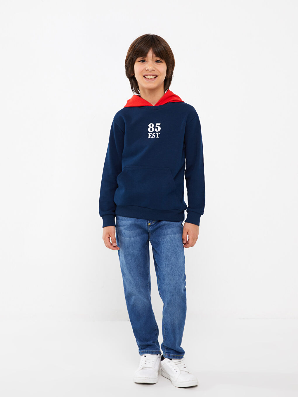 Lacivert Kapüşonlu Baskılı Uzun Kollu Erkek Çocuk Sweatshirt