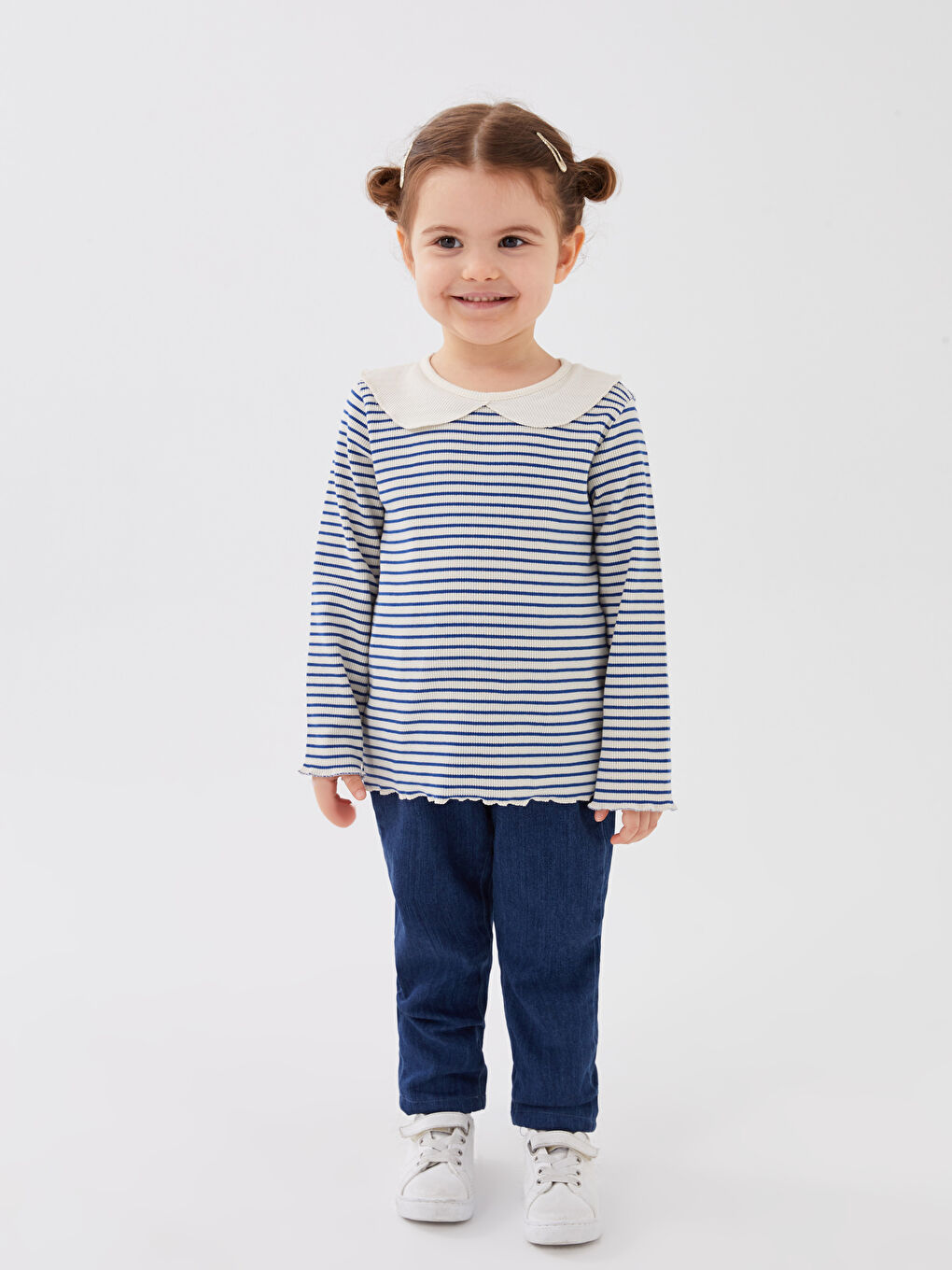 Peter Pan Collar Long Sleeve Striped Baby Girls' T-Shirt-1