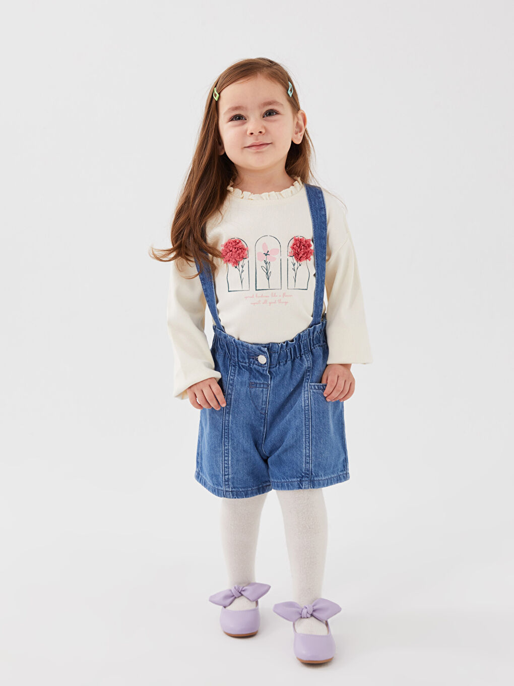 Биік жағалы ұзын жең принтті қыз балаға арналған футболка-3