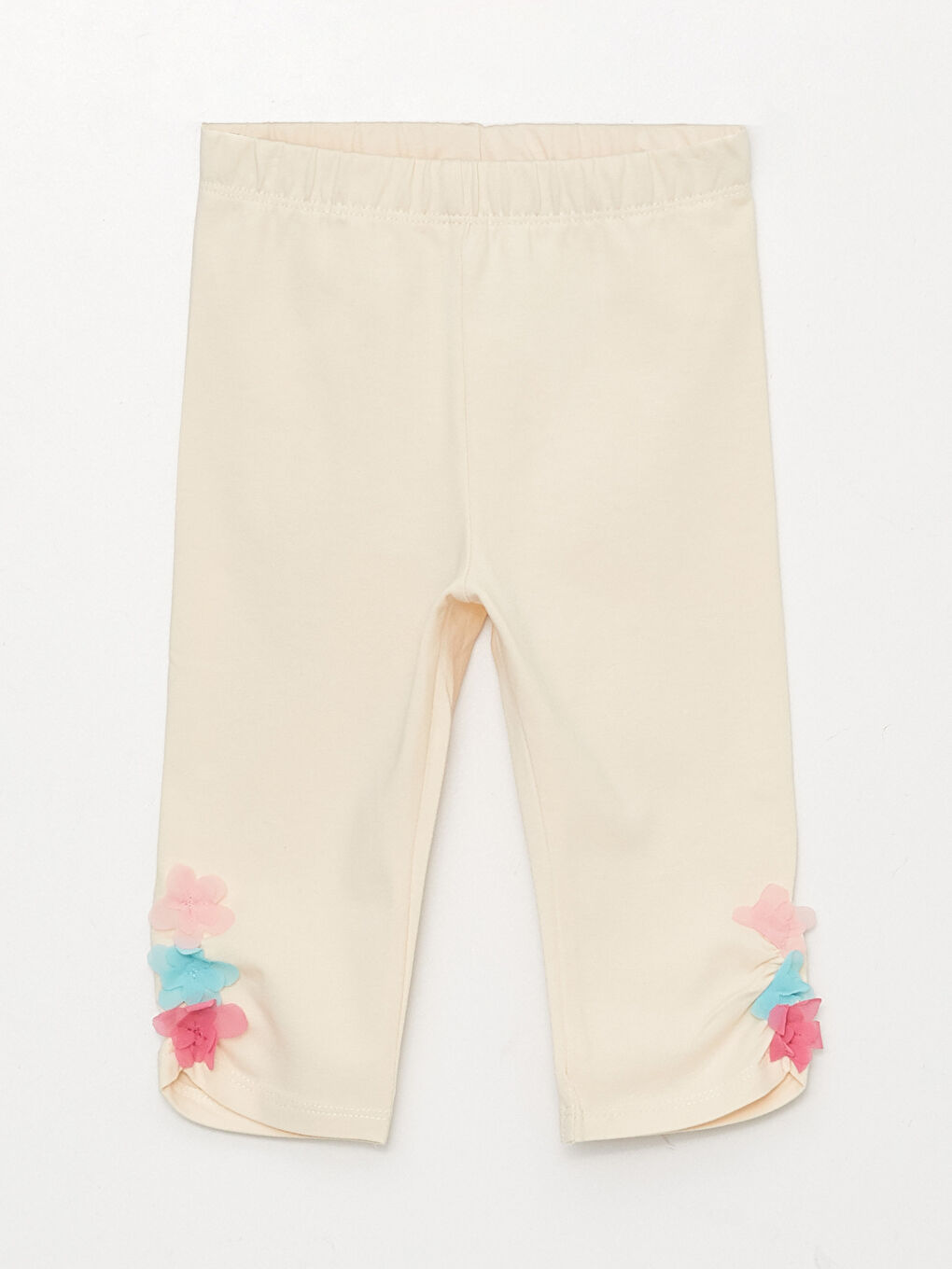 Ekru Beli Lastikli 3 Boyutlu Çiçek Detaylı Kız Bebek Tayt