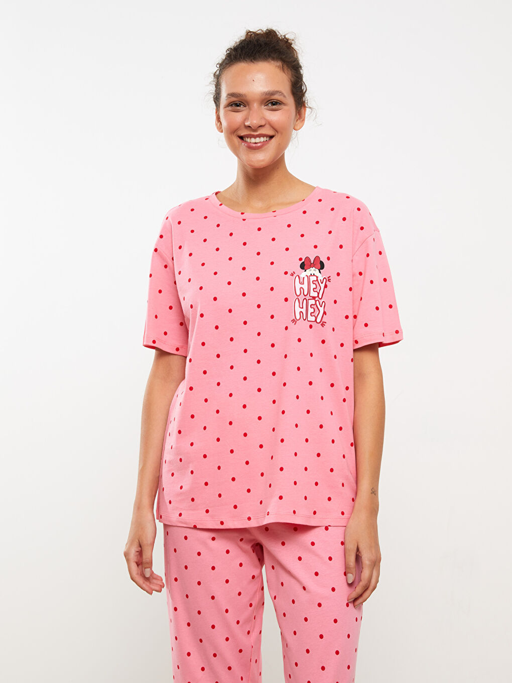 Pembe Bisiklet Yaka Minnie Mouse Baskılı Kısa Kollu Kadın Pijama Takımı-1
