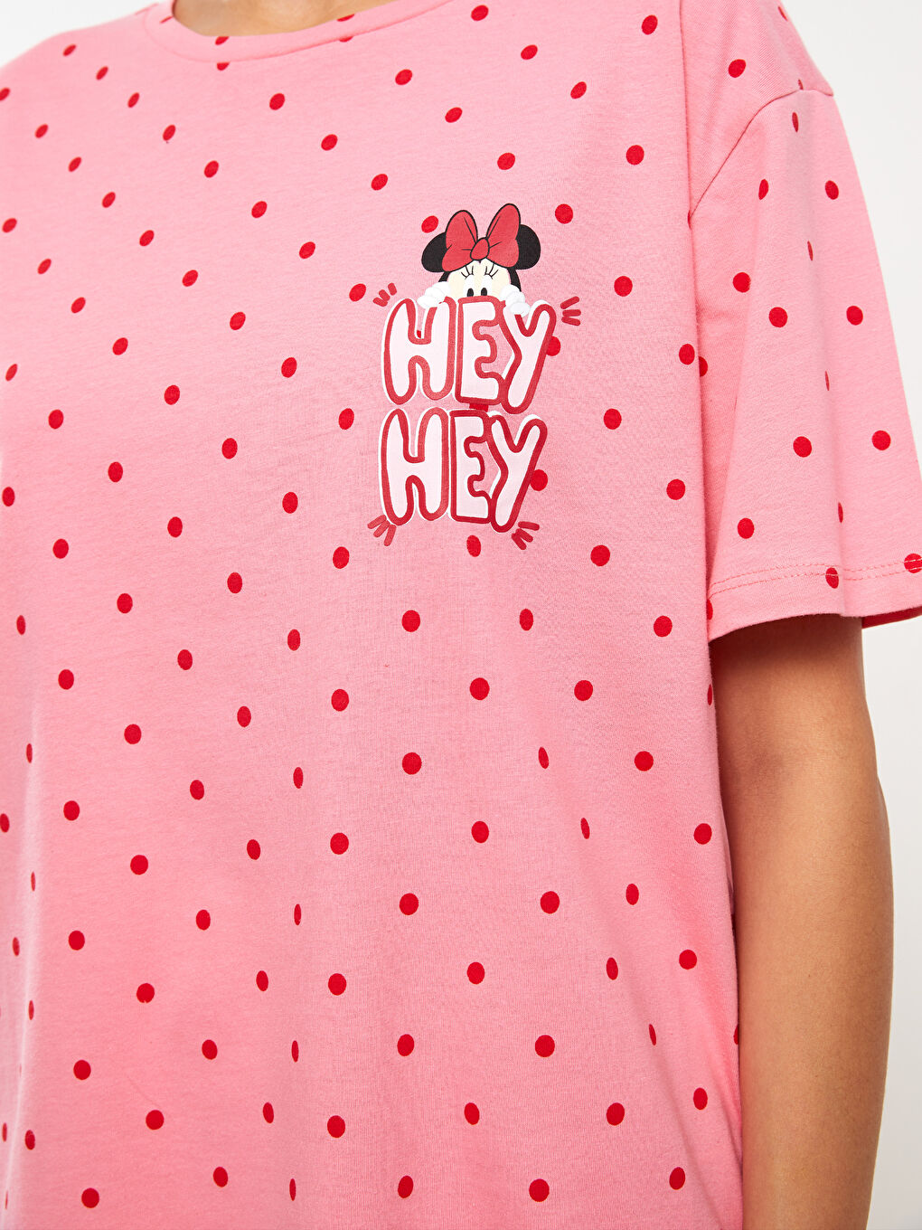 Pembe Bisiklet Yaka Minnie Mouse Baskılı Kısa Kollu Kadın Pijama Takımı-2