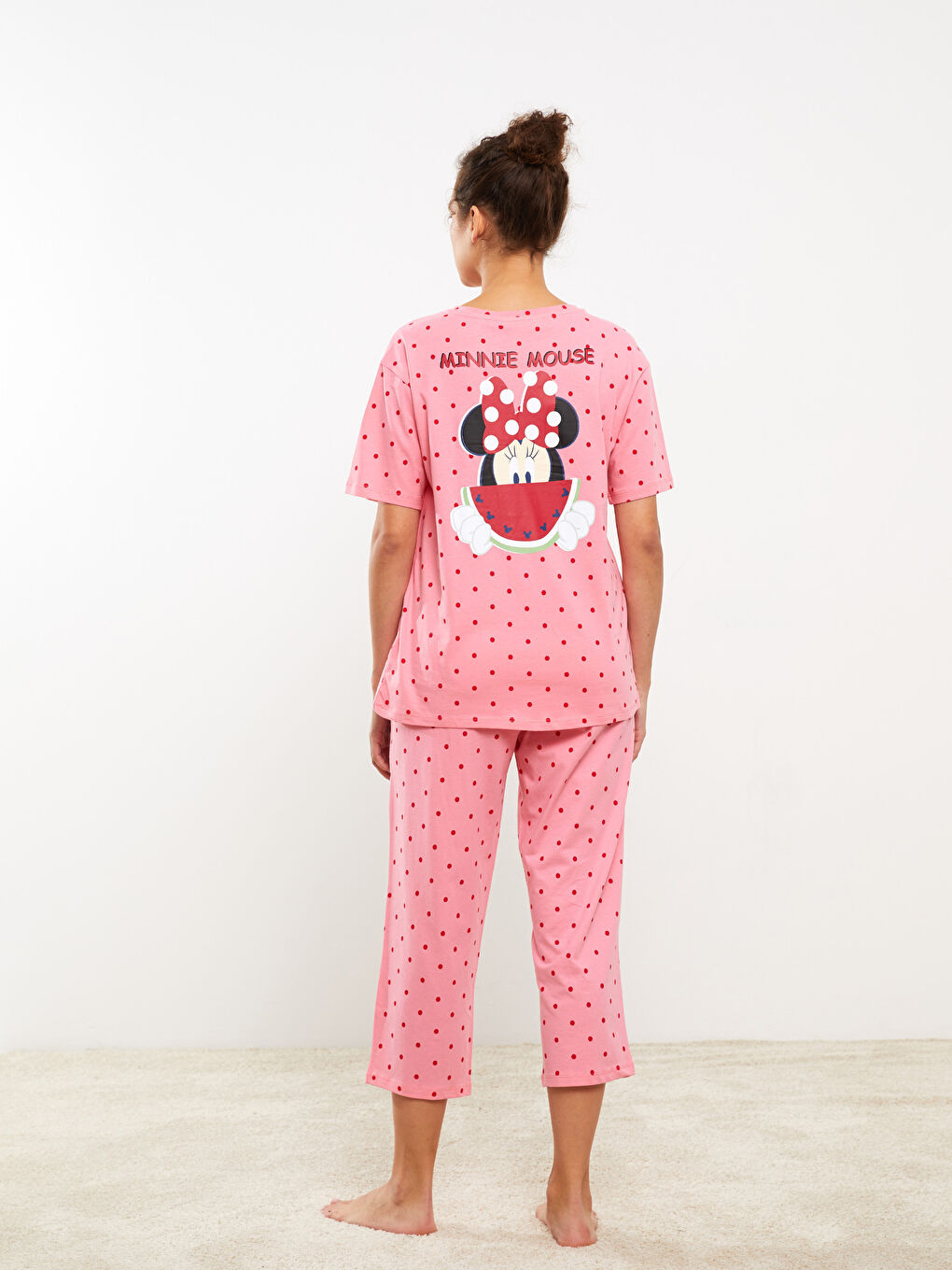 Pembe Bisiklet Yaka Minnie Mouse Baskılı Kısa Kollu Kadın Pijama Takımı-3