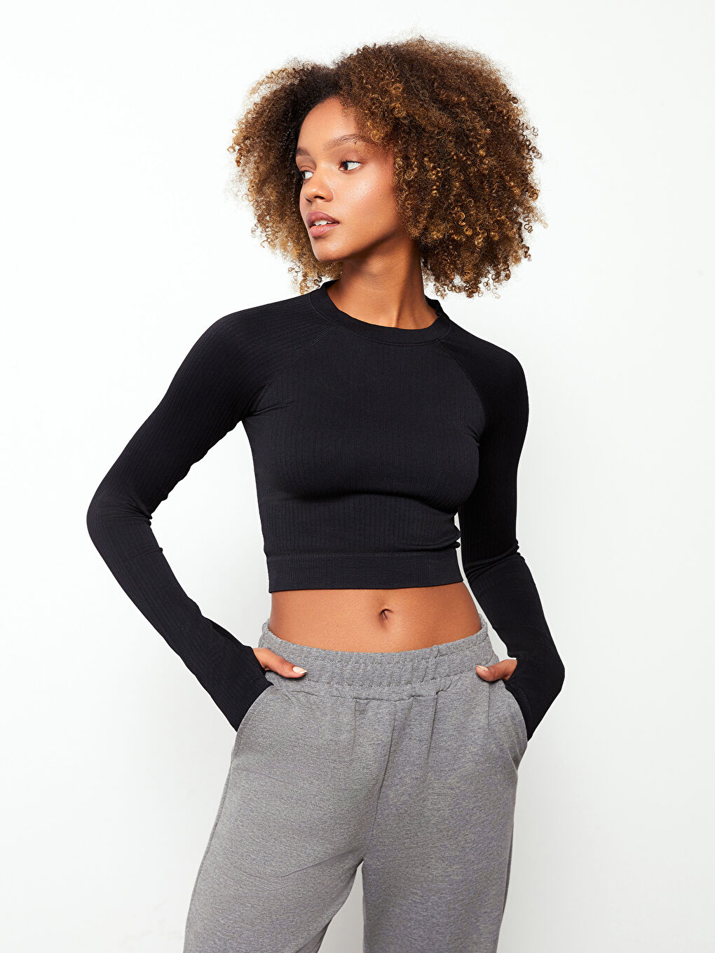 Siyah Bisiklet Yaka Düz Uzun Kollu Kadın Spor Tişört