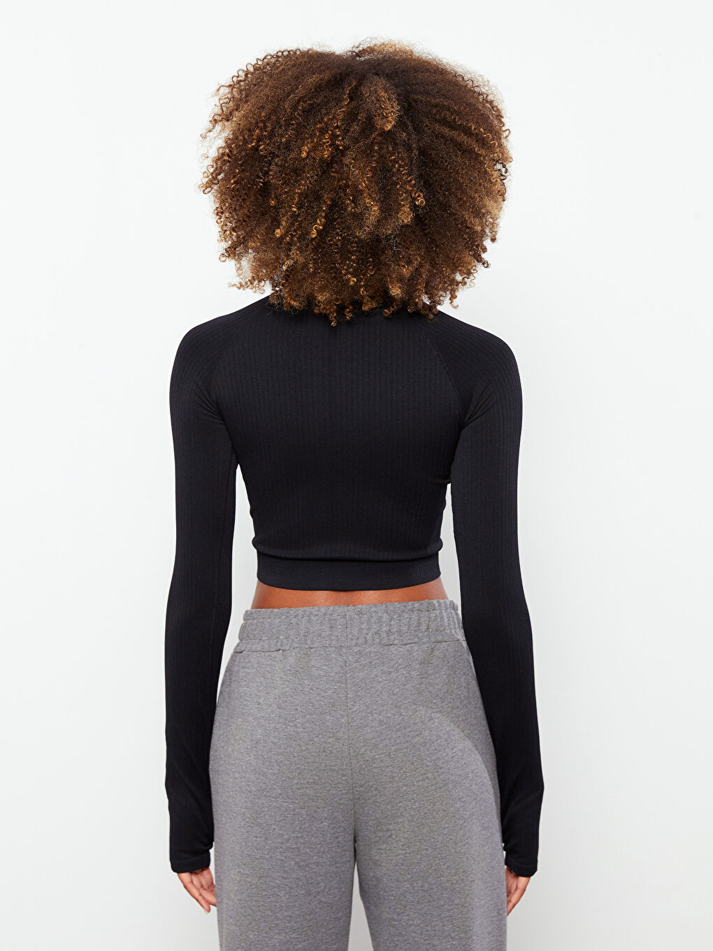 Siyah Bisiklet Yaka Düz Uzun Kollu Kadın Spor Tişört-4