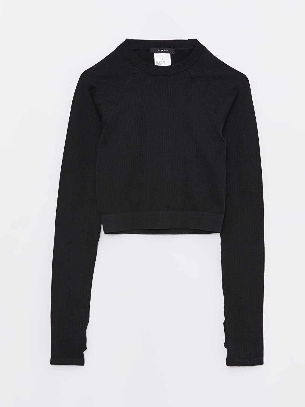 Siyah Bisiklet Yaka Düz Uzun Kollu Kadın Spor Tişört-5