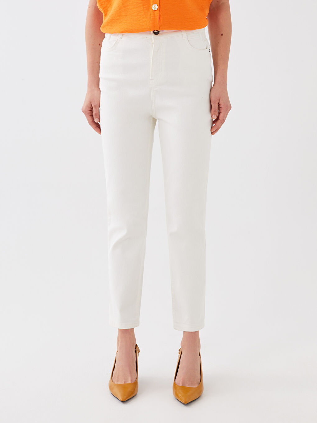 Ekru Beli Lastikli Paperbag Kadın Jean Pantolon-3